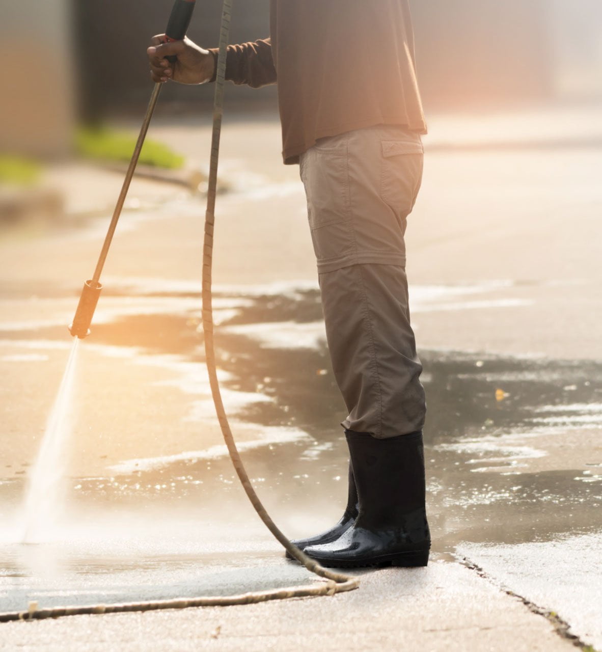 concrete-washing Person pressure washing a sidewalk with sunlight reflecting on wet surface.