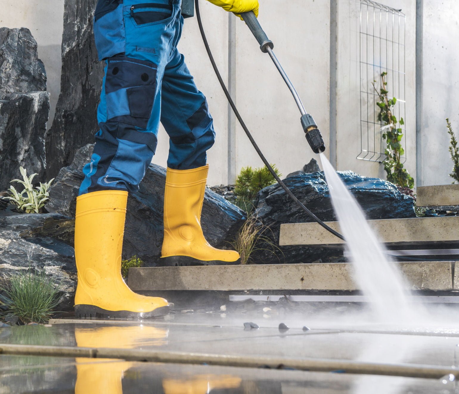 pressure-w Person in yellow boots and blue pants using a pressure washer on an outdoor concrete surface.