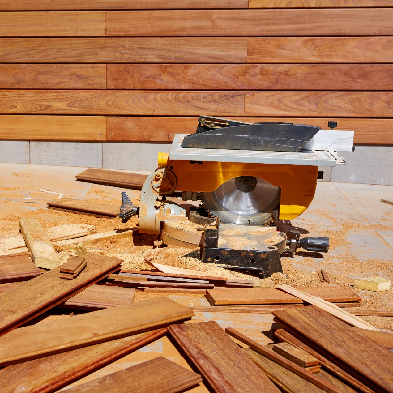fence-construction-1 A miter saw on a wooden deck surrounded by wood planks and sawdust.