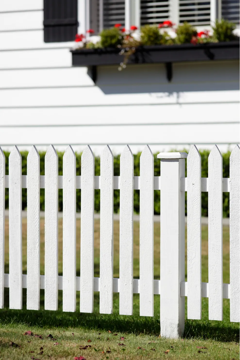 White picket fence in front of a white house with a flower box under the window.
