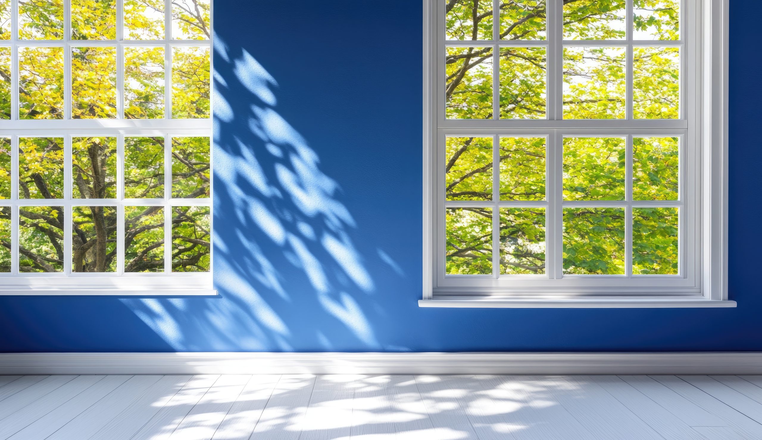 Sunny Room with Windows Sunlight and leafy shadows fall through large windows onto a blue wall and white floor in a bright room.